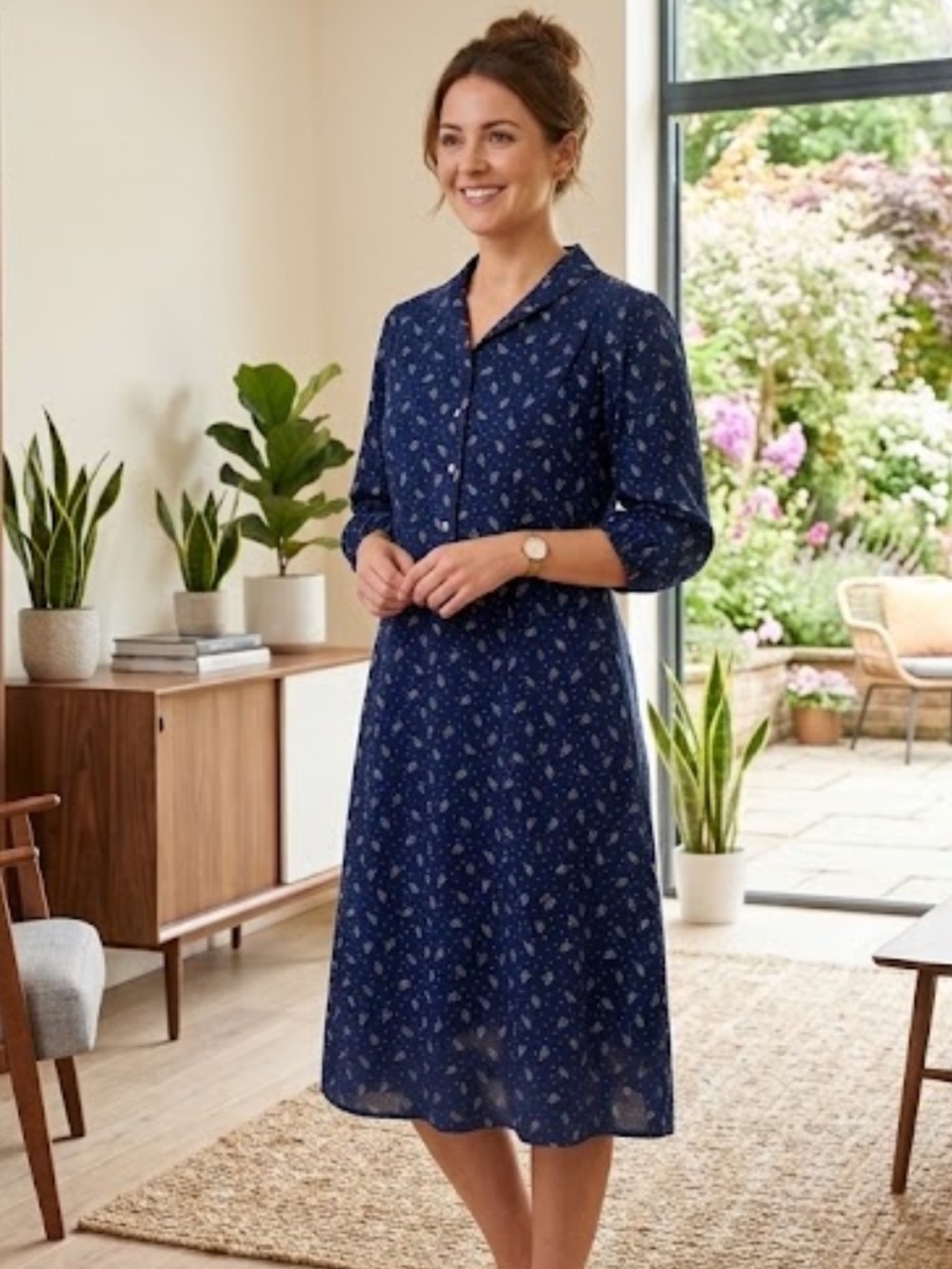 Vintage Montgomery Ward Navy Blue Botanical Palm Leaf Polka Dot Midi Dress M